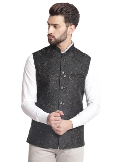 YOD Designer Sleeveless Floral Printed Jacquard Nehru Jacket For Men Ethnic Jacket/Waist Coat For Wedding & Festivals