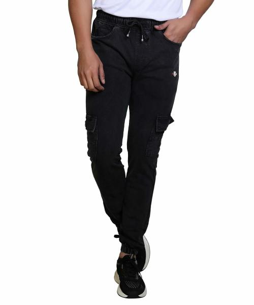 Road Bumps Men Black Looper Knit Denim Cargo Jogger