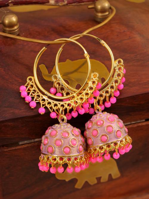 CRUNCHY FASHION Traditional Gold-plated Pink Hoops Jhumka Earrings