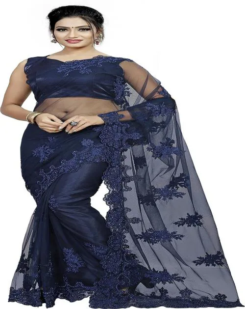Lady Raiment Embroidered Bollywood Net Saree (Dark Blue)