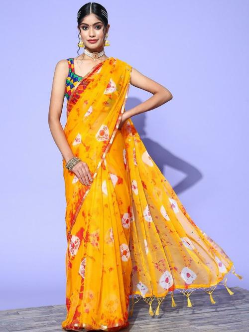 CHHABRA 555 Women Yellow Embellished Chiffon Bandhani Saree (Free Size)