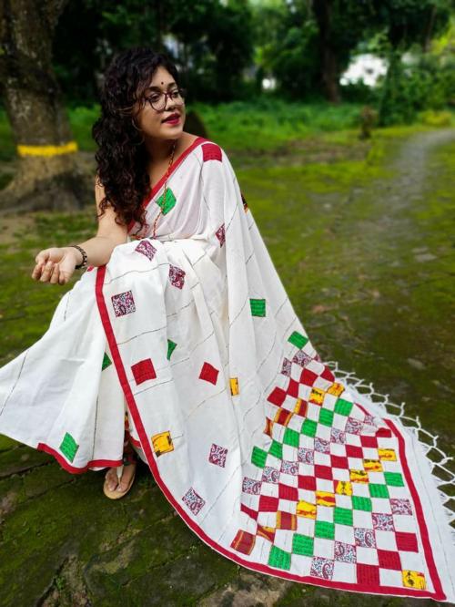 BRYNBRIT Textiles Women Multicolor Cotton Blend Applique Handloom Saree With Unstitched, Aplic - 003