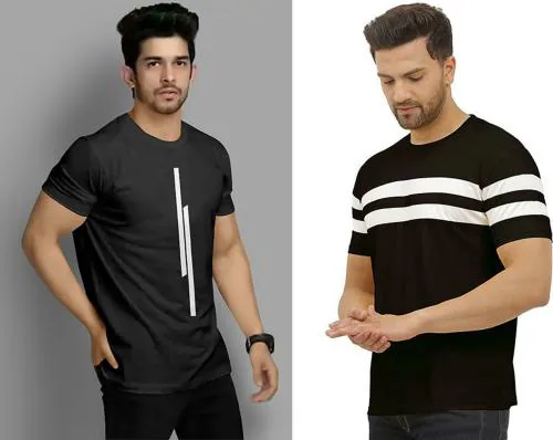 KAJARU Men Multicolor Striped Polyester Pack of 2 Round Neck T-shirt (L)
