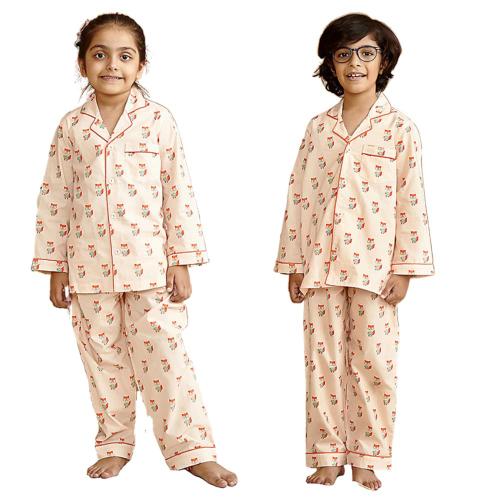 Giggle Buns Boys And Girls Peach Cow Print Pure Cotton Pajama And Top (8-9 Years)