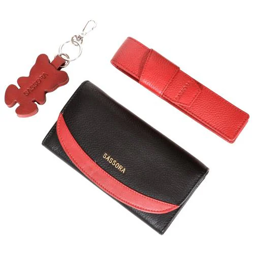 Sassora Genuine Premium Leather Women's Wallet, Teddy Keychain and Pencase Valentine's Combo Set(Red Black)
