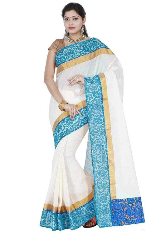 Fashionkiosks Women Cotton Kerala Kasav Saree With Blouse Piece