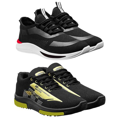 BRUTON Combo Pack of 2 Sports Shoes Running Shoes For Men (Black , Gold)