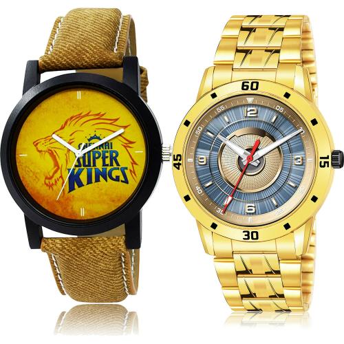 GROOT Contemporary Wrist Chennai Super Kings Squad (Csk) Ipl And Gold Chain Brown And Gold Colour Analog Genuine Leather And Stainless Steel Belt 2 Watch Combo For Boys And Men - IPL1-(17-S-21)