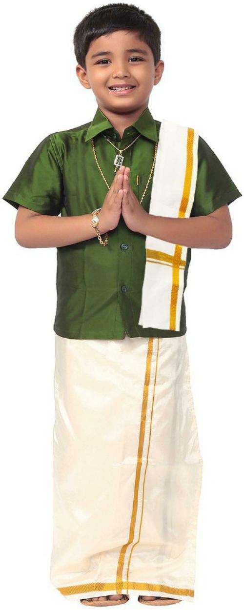 THANGAMAGAN Boy Dark Green Solid Art Silk Dhoti, Shawl and Shirt Set (7-8Y)