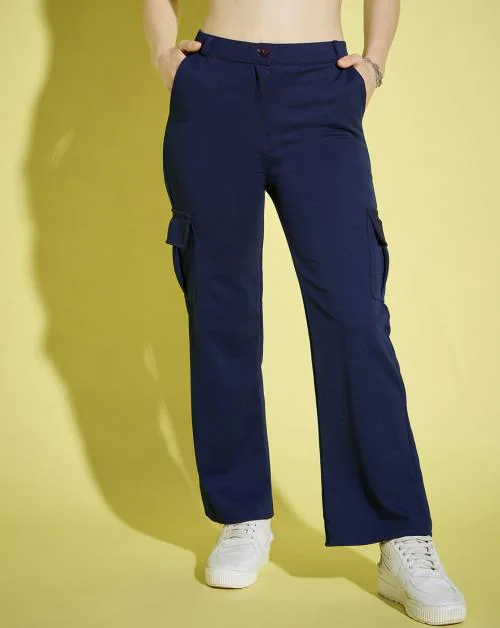 Buynewtrend Navy Straight Fit Full Length Solid Cargo Pant | Women Casual Pant
