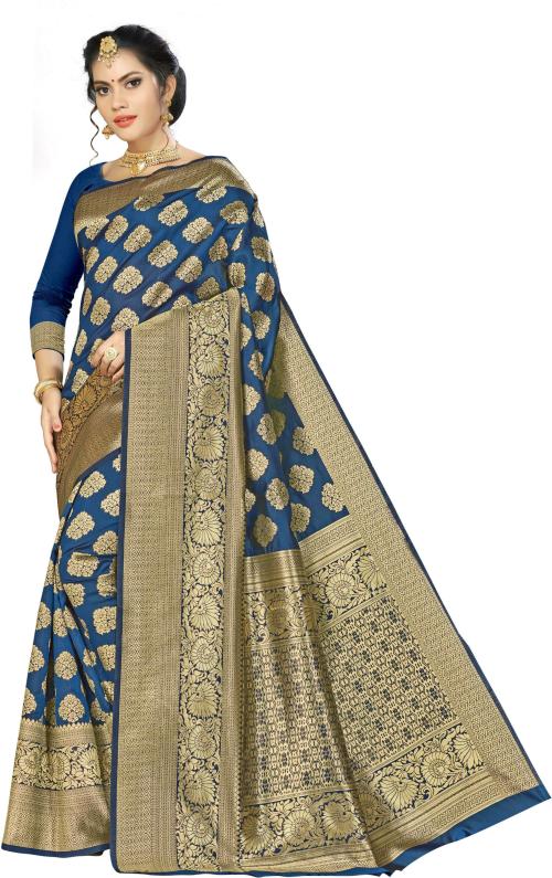 Sainoor Women Free Size Gold,Blue Woven Design Art Silk Banarasi Saree