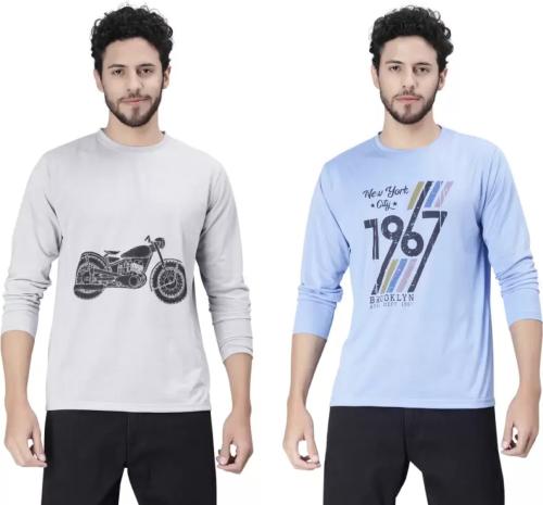 Free Union Pack of 2 Men Printed Round Neck Cotton Blend Multicolor T-Shirt