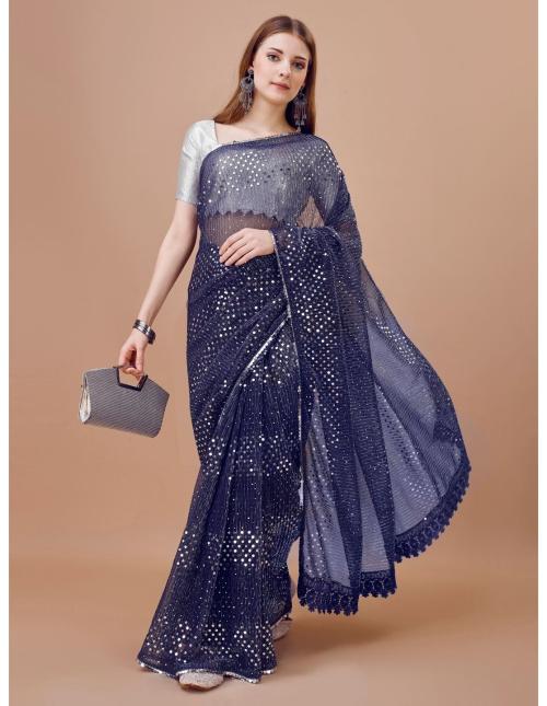 Indian Women NavyBlue Lycra Sequence Machine Work Embroidery Lace Dola Silk Saree With Blouse