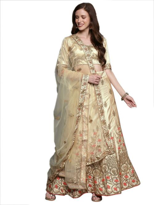 Manvaa Women Beige Embroidered Pure Silk Lehenga Choli