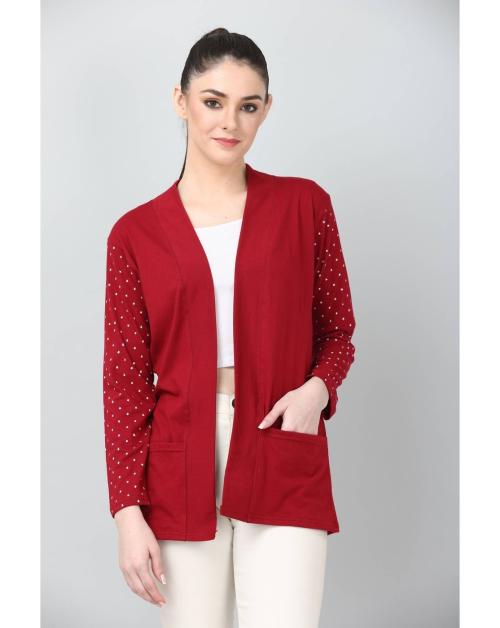 BG ONLINE Women's Printed Pocket Shrug Full Sleeve|Pack of 1|Maroon|Size-L