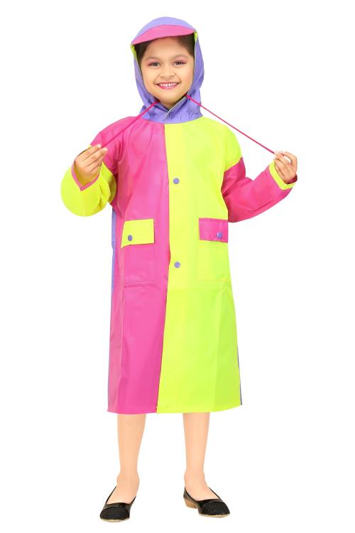 Real Polyester Raincoat for School Boys & Girls with Hood, Pockets and School Bag Coverage Bright Color Raincoat
