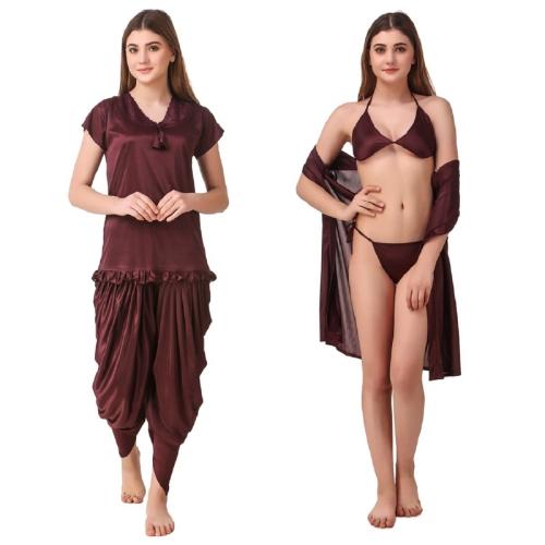REPOSEY Women's Satin Solid Regular Length Robe with Bra and Panty, Pajama with Top (5PC BRWN_Brown_Free Size) (Pack of 5)