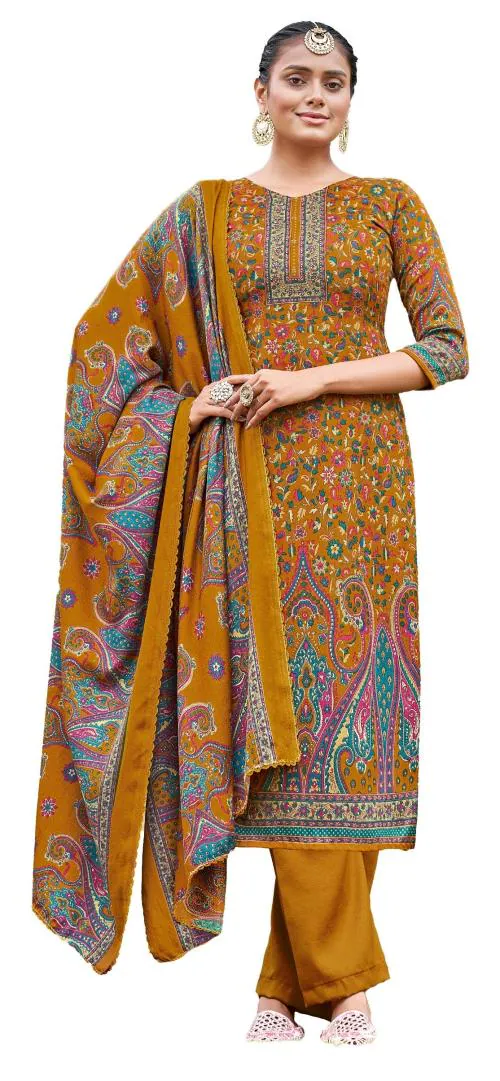 DRAVINAM Trends Women's Unstitched Kaani Print Siroski Woolen Pashmina Salwar Suit Dress Material with Pashmina Printed Shawl Dupatta | Unstitched Dress Material For Women | Free Size (Yellow)