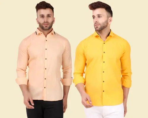Allan Peter Men Orange and Yellow Solid Pure Cotton Casual Shirt- Pack of 2