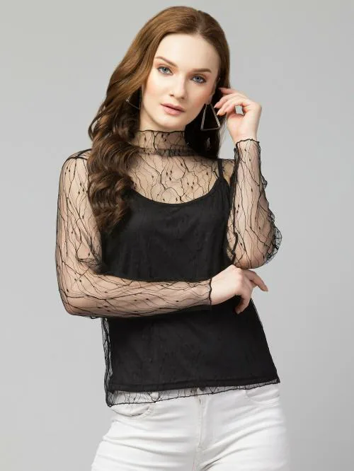 Bitsy Owl Women Black Self Design Net Pack of 2 Sheer Top|TOPS|WOMEN TOPS|GIRLS TOP|WESTERN WEAR|WOMEN