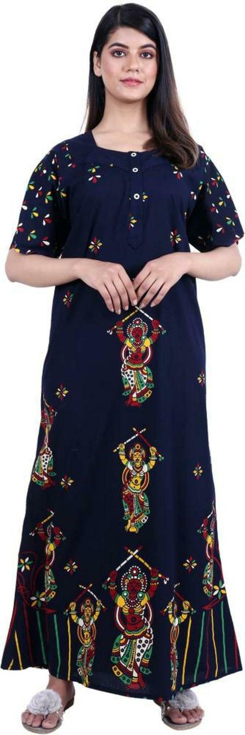 MKF Women Blue Printed Cotton Nighty - XL