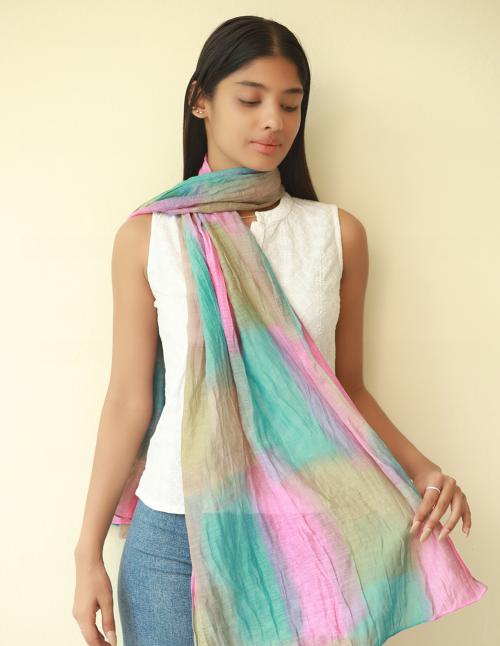 Ayesha Shades of Pink, Blue & Khaki Ombre Square Patches Silk-Cotton Blend Crinkle Effect Scarf