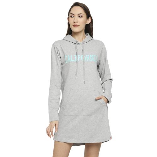 Evolove Women Grey Melange Cotton Round Neck Hooded Winter Wear Long Sleeve Oversize T-Shirt (M)