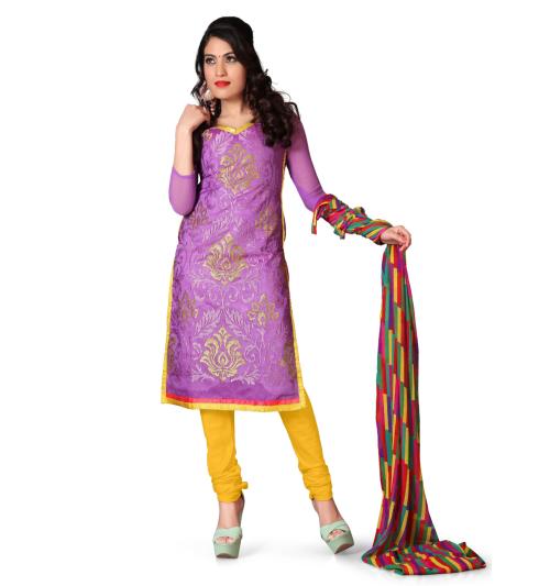 Jheenu Women's Lavender Chanderi Embroidered Unstitched Dress Material