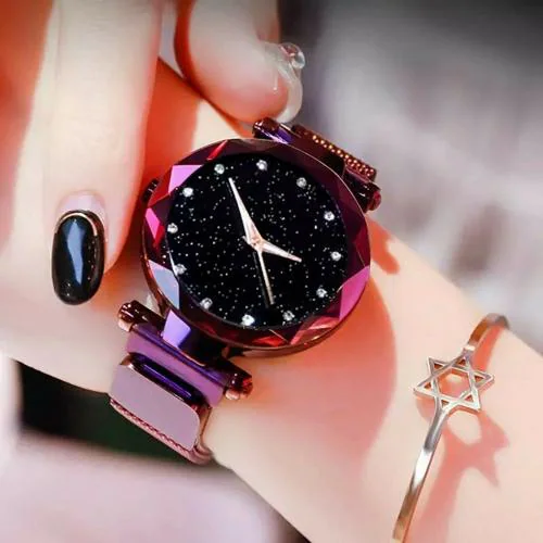 Missfox Fancy Bracelet Purple Dial Women Watches | Ladies Wrist watch for Girls | Analog Fashion Female Clock Gift Starry Sky Magnetic Watch with Magnet Mash Strap Stylish Girls Watch for Women (1-Watch)