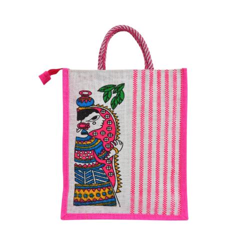 BAGVILLA Wander Bags Jute Bag | Eco-Friendly & Reusable Jute Bag | Printed Jute Bag for Shopping, Grocery, Picnic, Yoga, Lunch | Pink color| 12x4.5x14 inch
