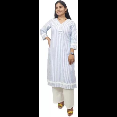 Artisan Glory Women Striped Cotton Blend Straight Kurta (Blue)