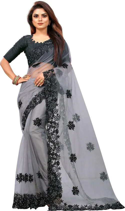 Yara Creation Women Grey Embroidered Net Bollywood Cut Work Saree