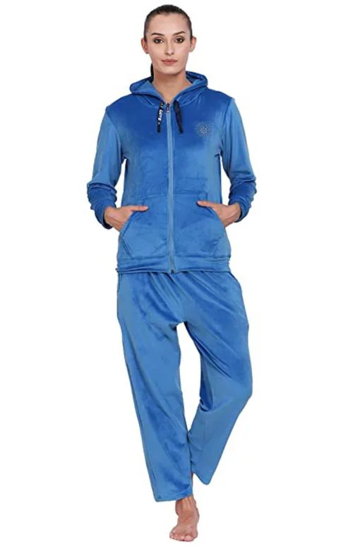 Noty Night Suit Velvet-Hoody with Zip-2 Side Pockets- (Large, Steel Blue)