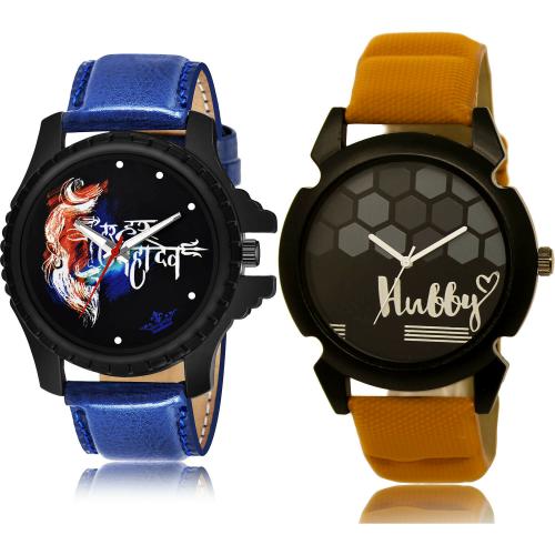 NEUTRON Contemporary Fashion Har Har Mahadev And Hubby Blue And Brown Colour Analog Genuine Leather Belt 2 Watch Combo For Boys And Men - BL46.66-BL46.32