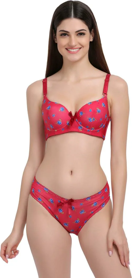 GOKIX Women Red Floral Print Cotton Linen Blend Lingerie Set