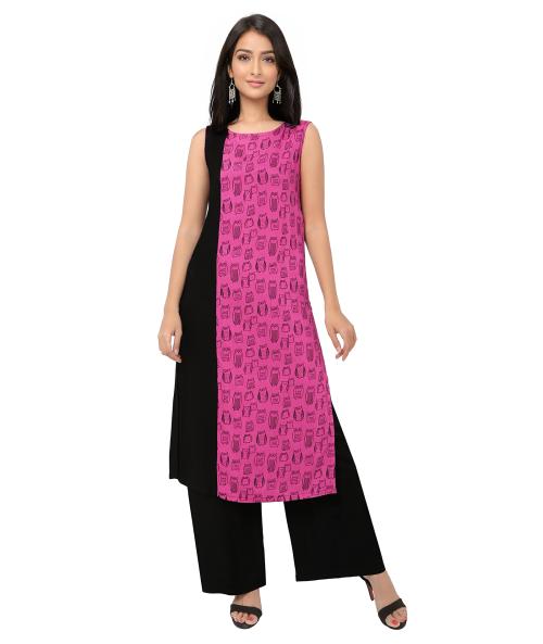 TWGE - Womens Sleeveless Kurti - Full Length - Black & Pink Printed