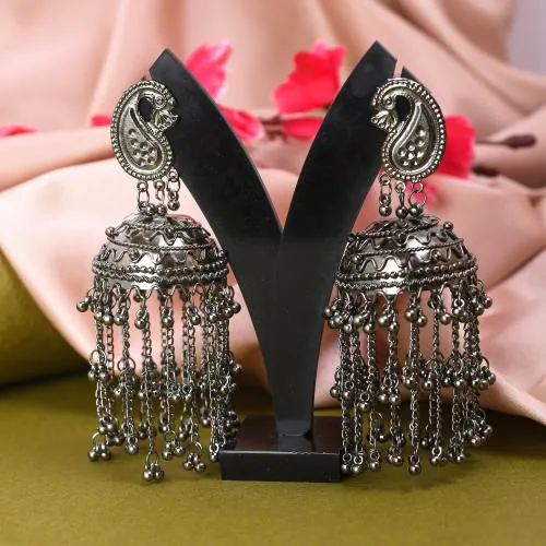 Yotog Contemporary Long Big Size Black Oxidised Tassel Jhumka Earrings for Women and girls