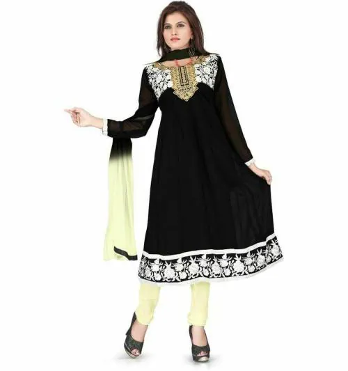 JHEENU Vardhman Synthetics Women Black Embroidered Georgette Kurta Material