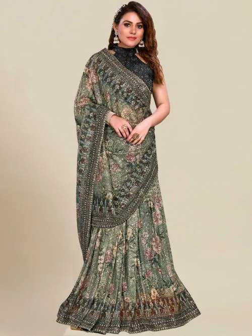 Flowy Stretch Georgette Saree Allover Sequin Embroidery and Floral Digital Print