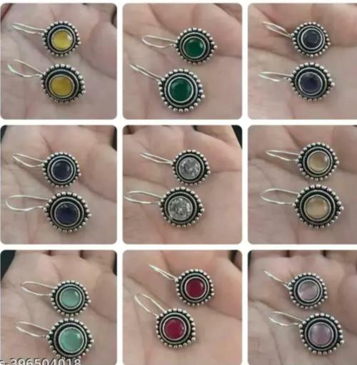 DANGAR ENTERPRISE Beautiful Unique Design Oxidise Silver Stud Earring| Ethnic Stone Earrings | Oxidized Stone Earrings |Stone Earrings for Girls & Women| Pair of Stone Studs | Premium Quality Brass Stone Studs | Pair of earings (9 pair)