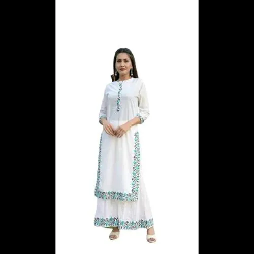 Rangoli creations WOMAN WHITE Designer Kurti Palazzo Dupatta Set (Embroidered)