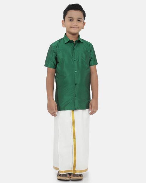 RAMRAJ COTTON Boys Green White Shirt with Dhoti Pants