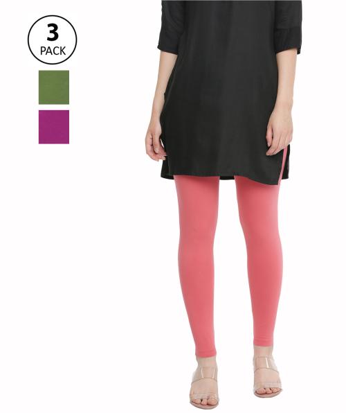 Dollar Women's Missy Cotton Slim Fit Pack of 3 Multicolor Ankle Length Leggings