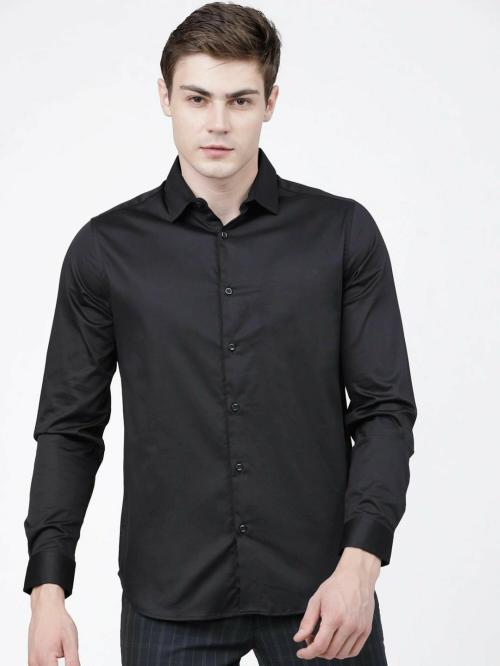 Jump Cuts Men's Solid Collar Neck FullSleeve Black Polyester Shirt