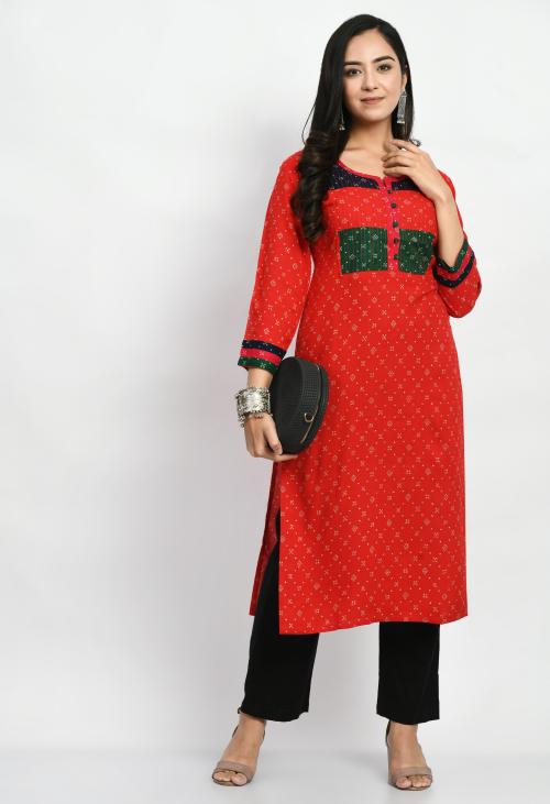 MAURYA Women's Red Color Print A line Calf Length Kurta (3XL)