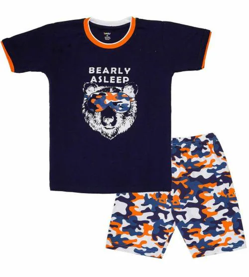 Toodles Boys Navy Blue Printed Cotton Blend Tshirt Pant (5 - 6 Y)
