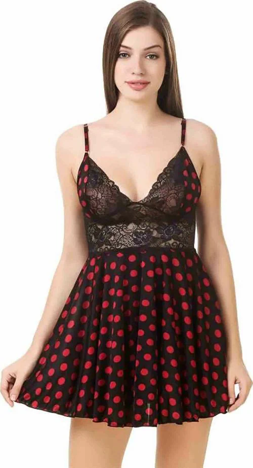 ZXS STYLE Women Black Satin Satin Polka Dots Above Knee Length Babydoll