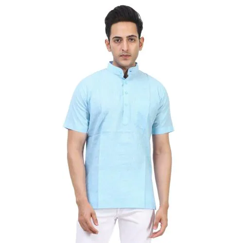 Buy Kundan Men's Cotton Linen Pattern Sea Blue Short Kurta Online at
