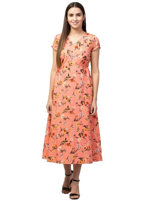 My Swag Women's Peach Color Floral Print A-line Maxi Dress