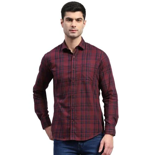 MONTE CARLO Men Dark Wine Check Cotton Casual Shirts